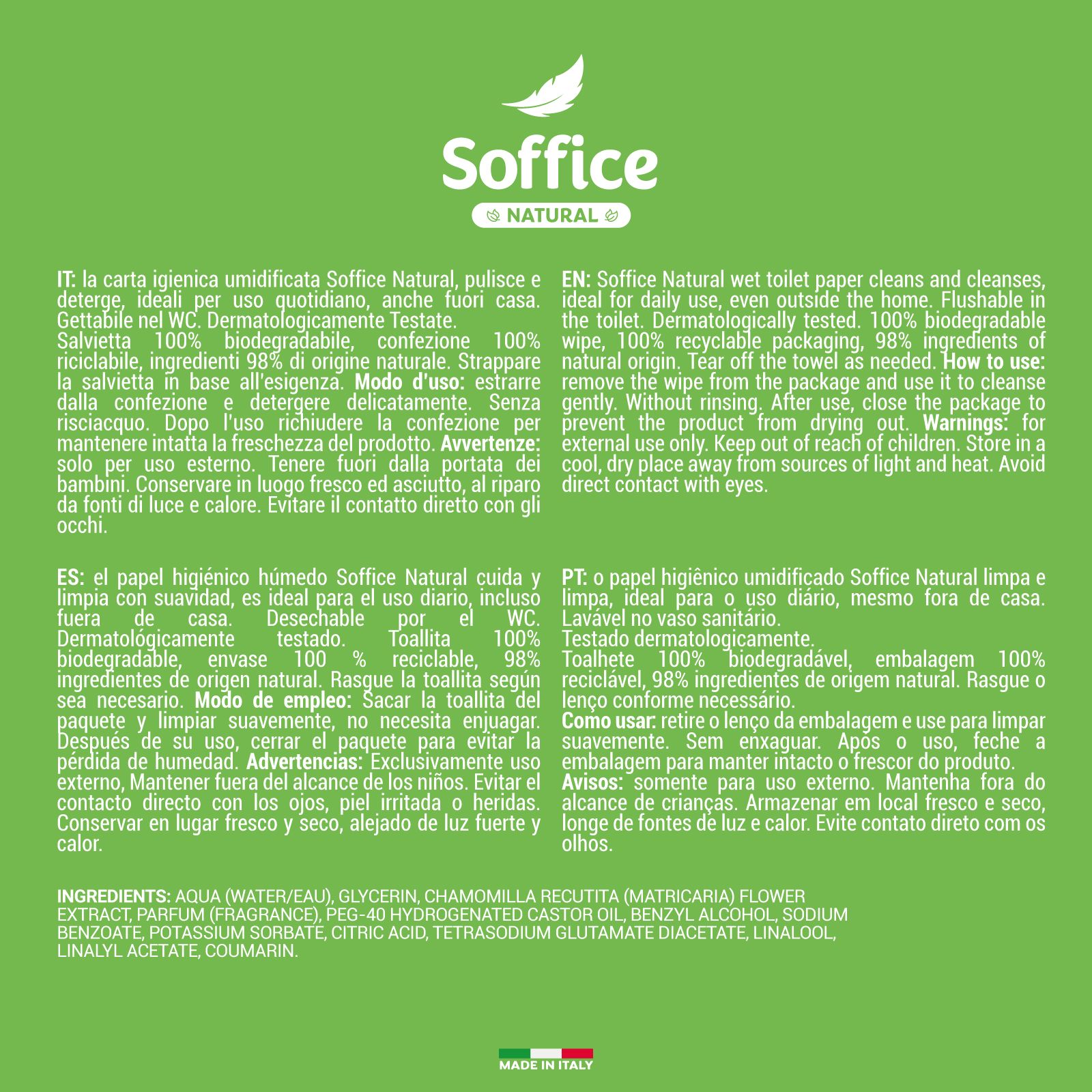 Retro della confezione verde con testo multilingue. Testo: Soffice Natural, ingredienti, 100% biodegradabile.