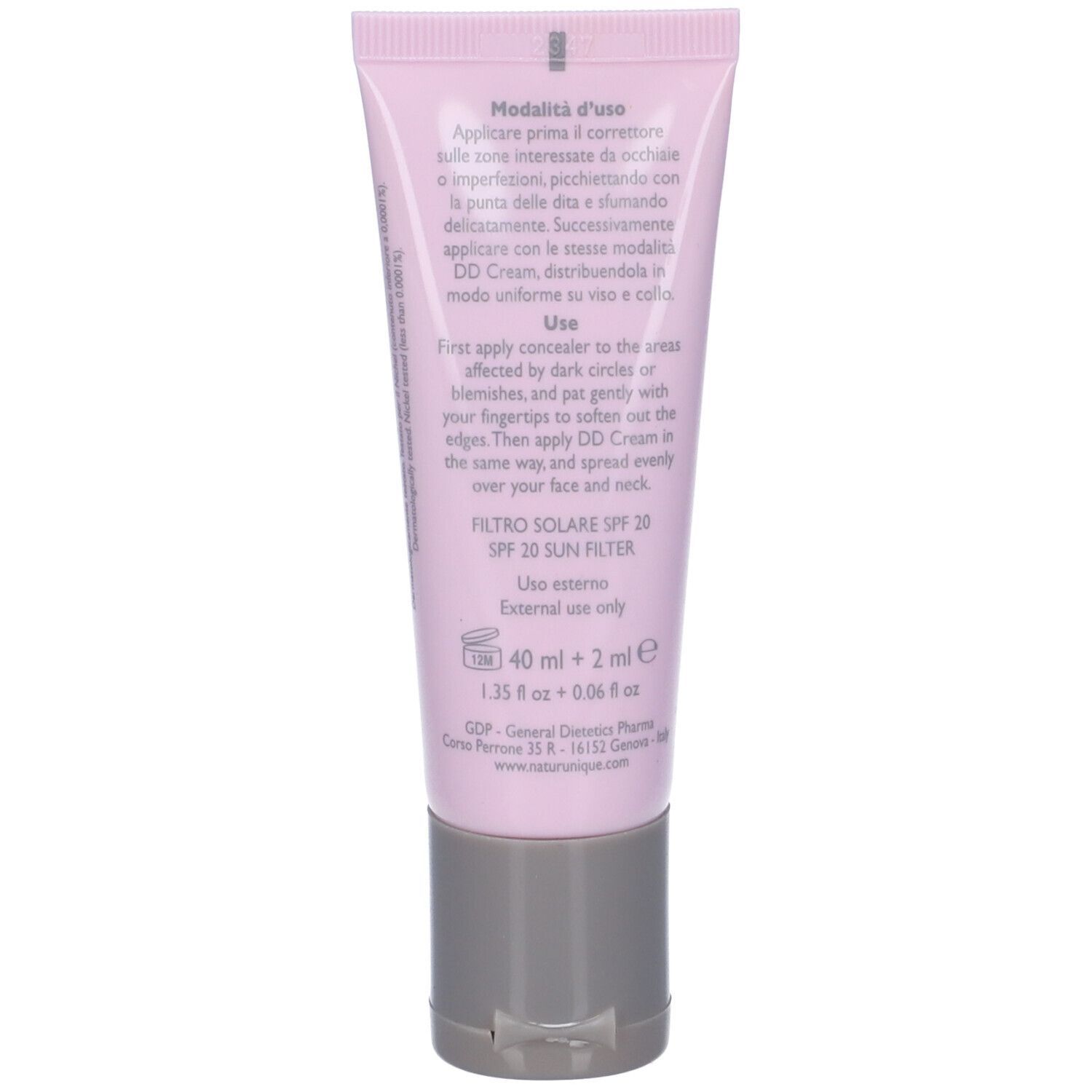 Retro del tubo. Testo: Istruzioni per l'uso, fattore di protezione solare SPF 20. Contiene 40 ml + 2 ml. Solo per uso esterno.