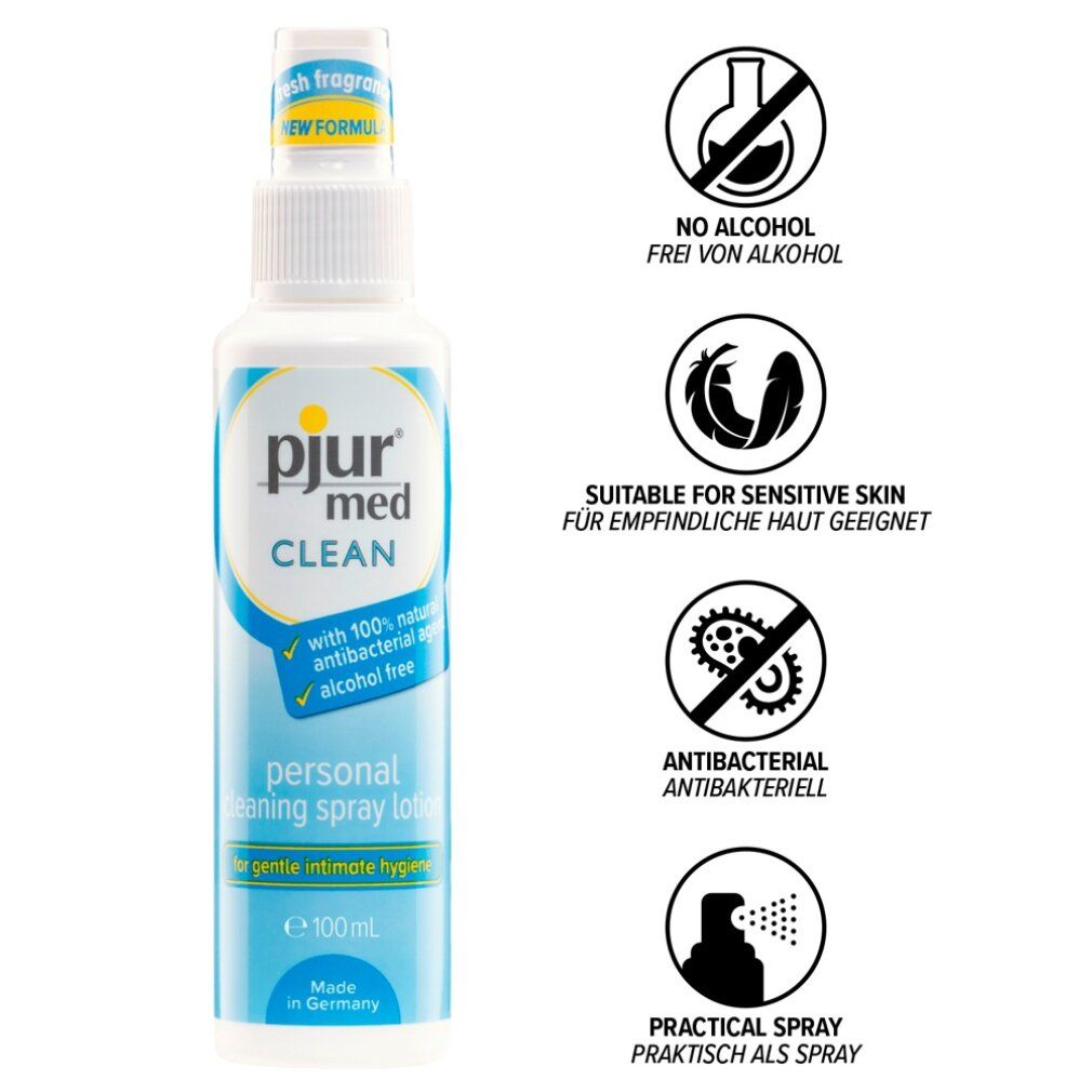 Lozione spray detergente. Flacone bianco con etichetta blu. Scritta: pjur med CLEAN, personal cleaning spray lotion, 100% naturale antibatterico, senza alcool. Simboli.