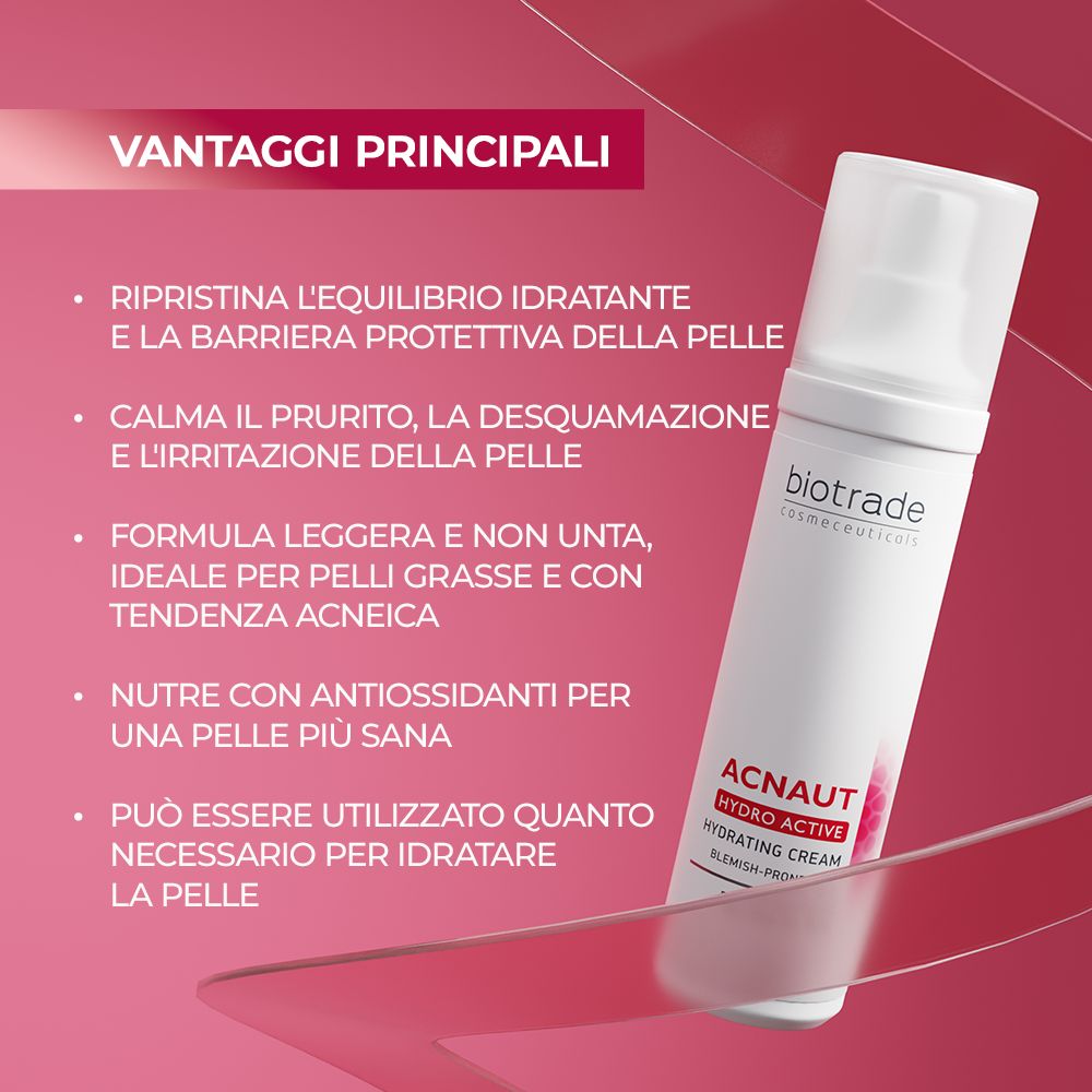 Flacone su sfondo rosso. Testo: Biotrade, Acnaut Hydro Active. Crema idratante. Per pelli impure.