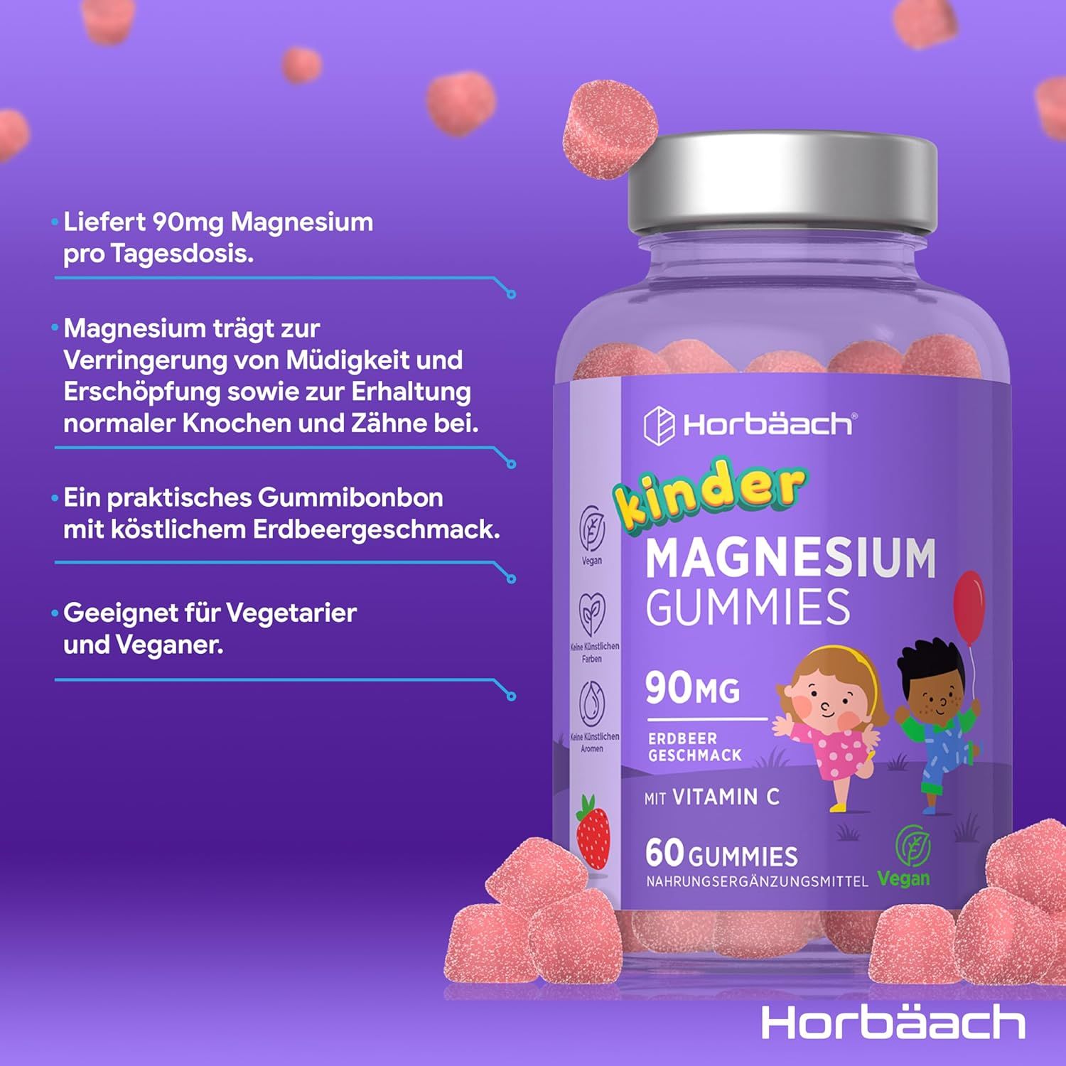 Horbaach Kinder Magnesium Gummies. Bottiglia viola con caramelle gommose. 60 caramelle, 90mg, gusto fragola. Vegano.