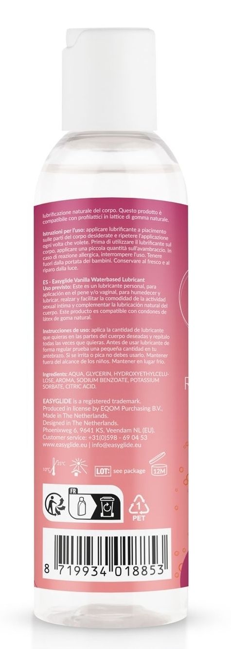 Retro del flacone. Etichetta rosa con testo multilingue. Sigillo vegano. Informazioni per l'uso.