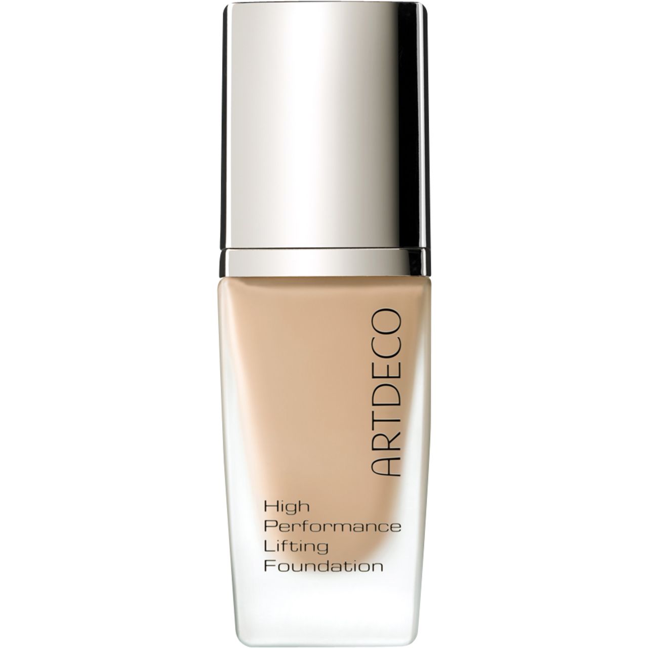 Flacone di fondotinta beige con tappo argentato. Scritta: Artdeco, High Performance Lifting Foundation.