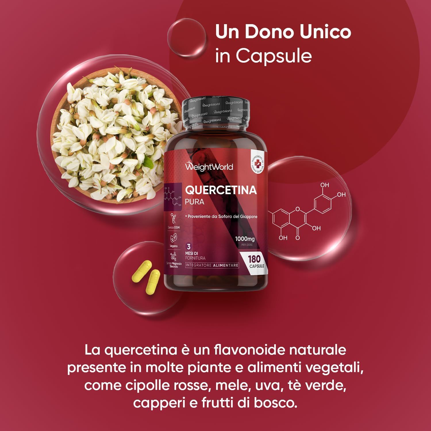 Flacone di capsule, fiori. Testo: Quercetina Pura, 180 capsule. Testo: La quercetina è un flavonoide.