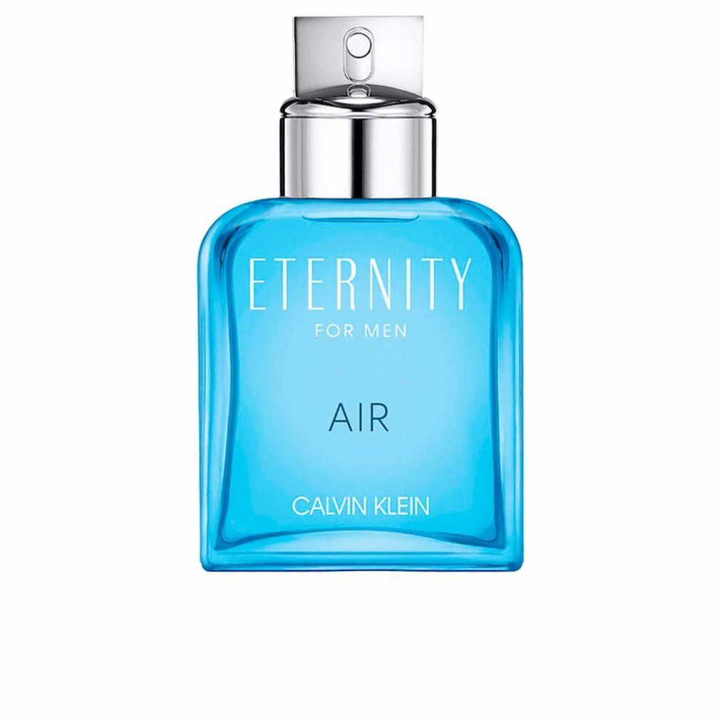 Flacone di profumo azzurro chiaro con tappo argentato. Scritta: Eternity Air For Men, Calvin Klein.