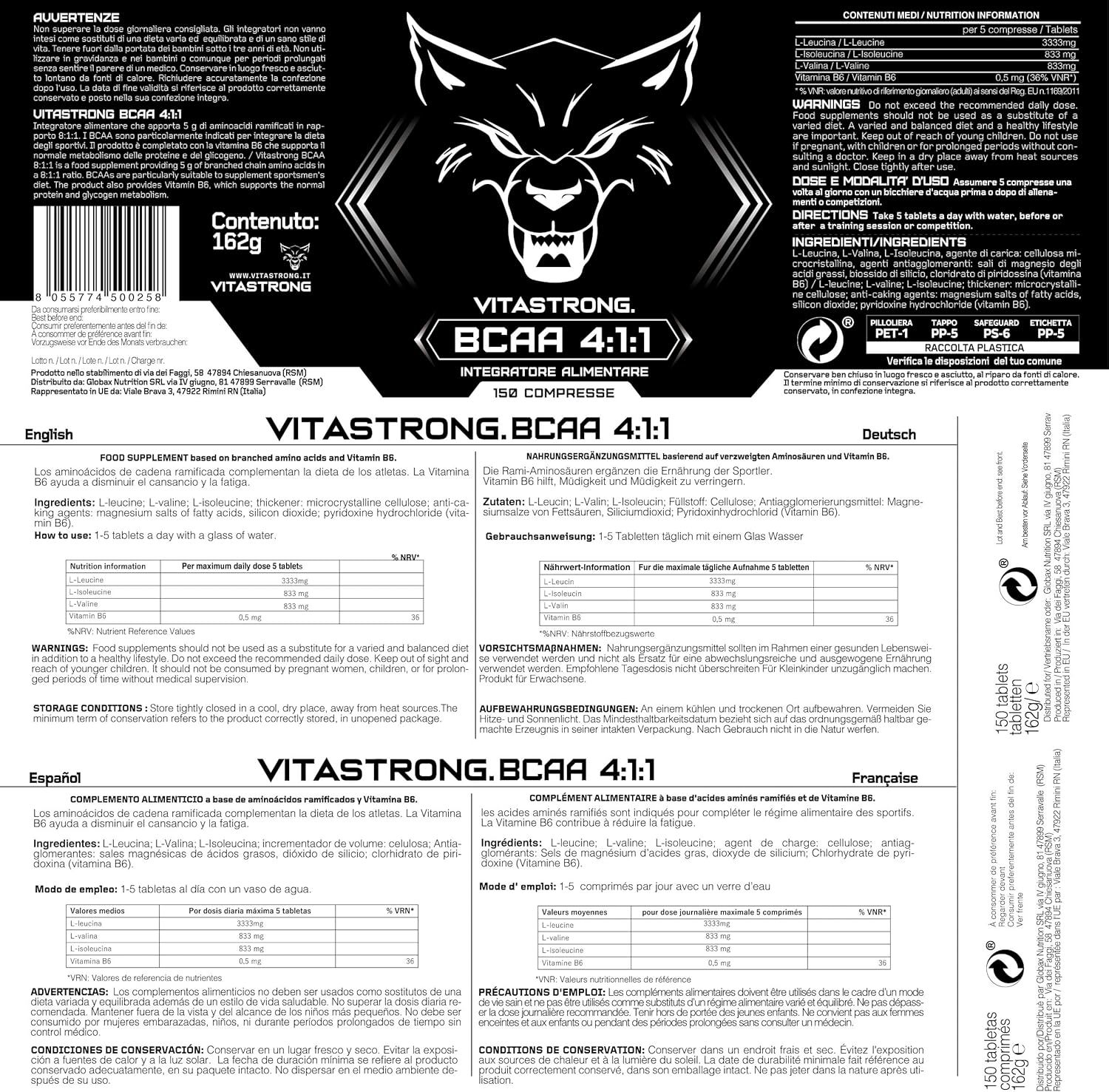 Retro del Vitastrong BCAA 4:1:1, 150 compresse. Etichetta del prodotto con ingredienti e avvertenze in più lingue.