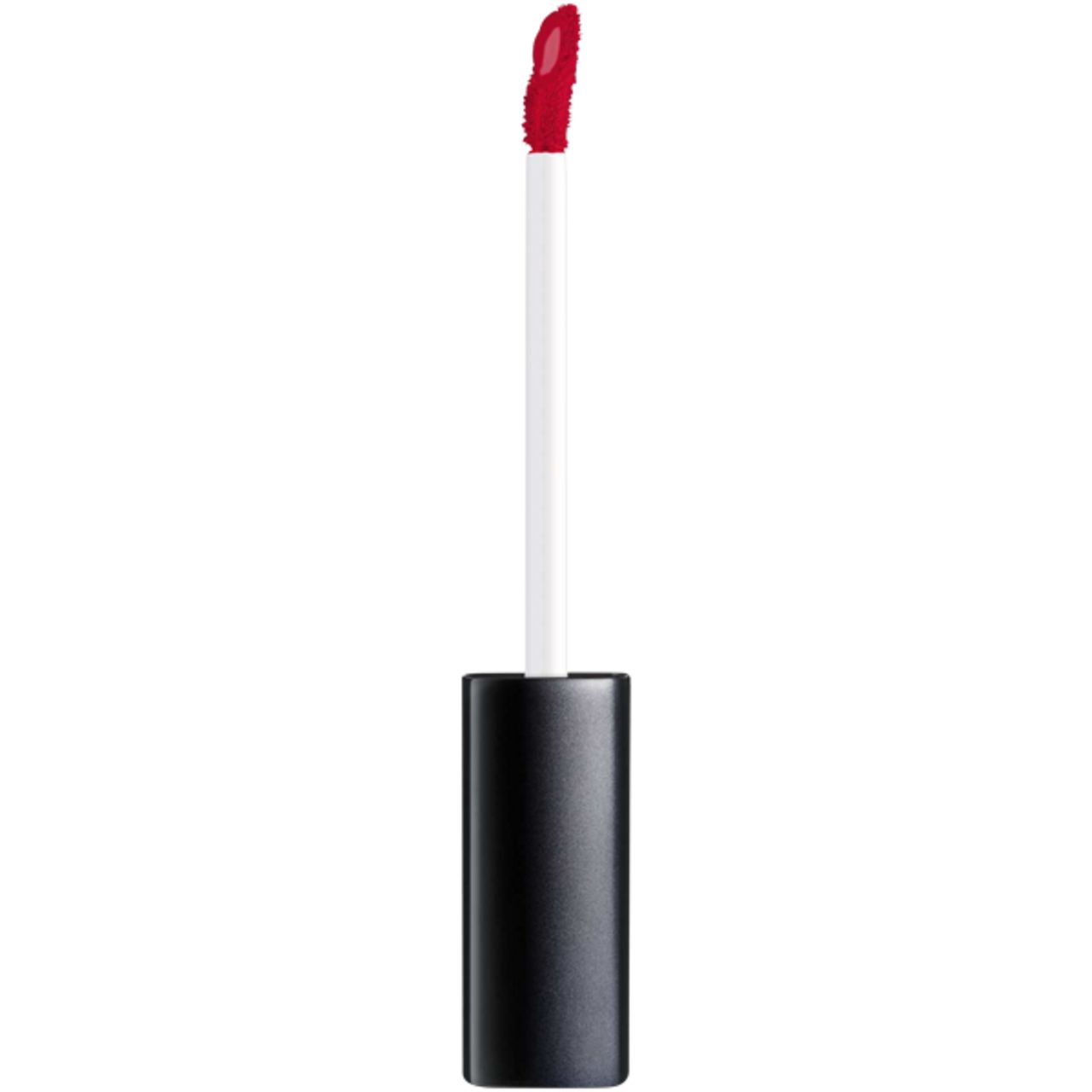 Applicatore con lip fluid rosso. Manico nero, asta bianca. Primo piano.