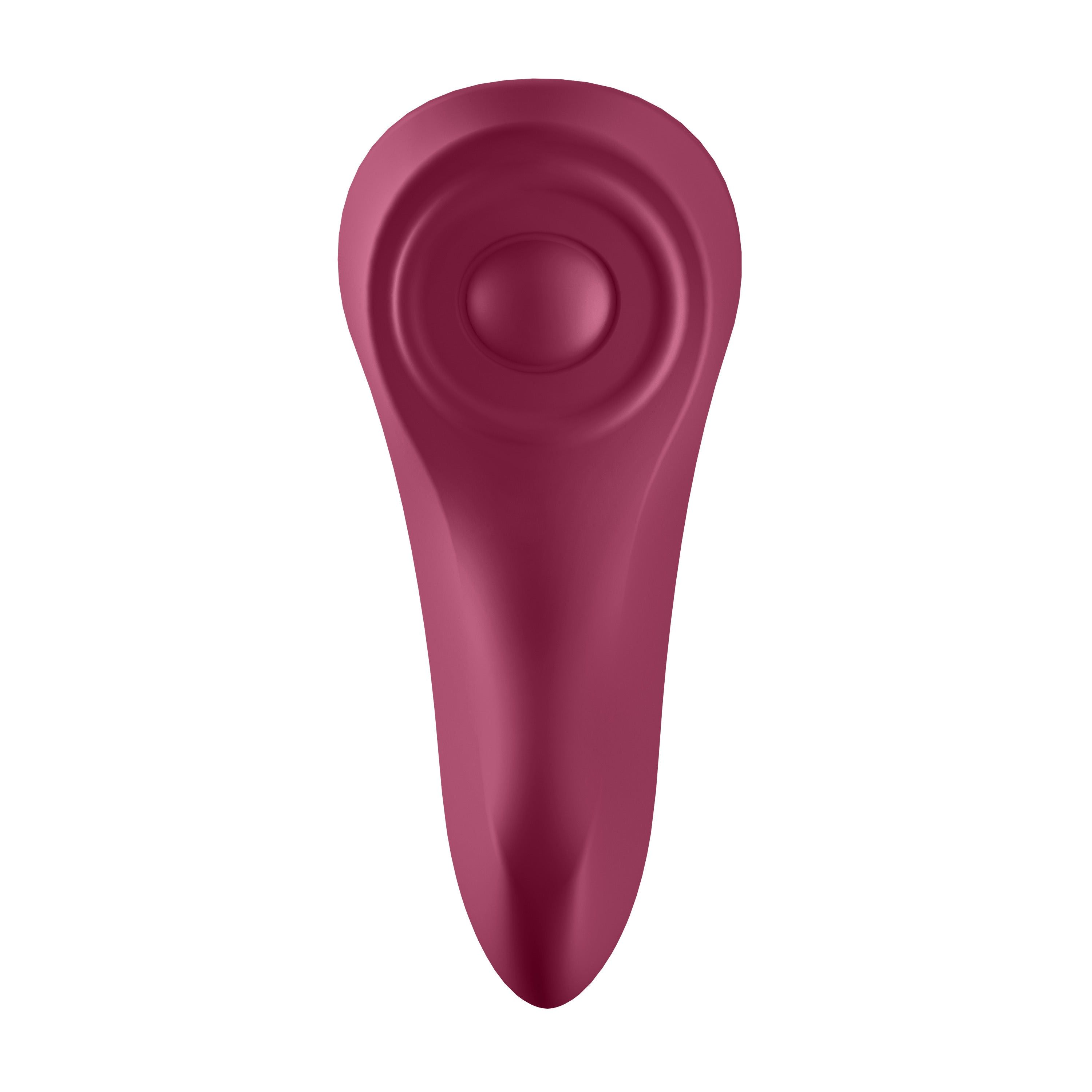 Dispositivo bordeaux arrotondato. Elemento rotondo in rilievo in alto, con cerchi concentrici. Forma ergonomica.