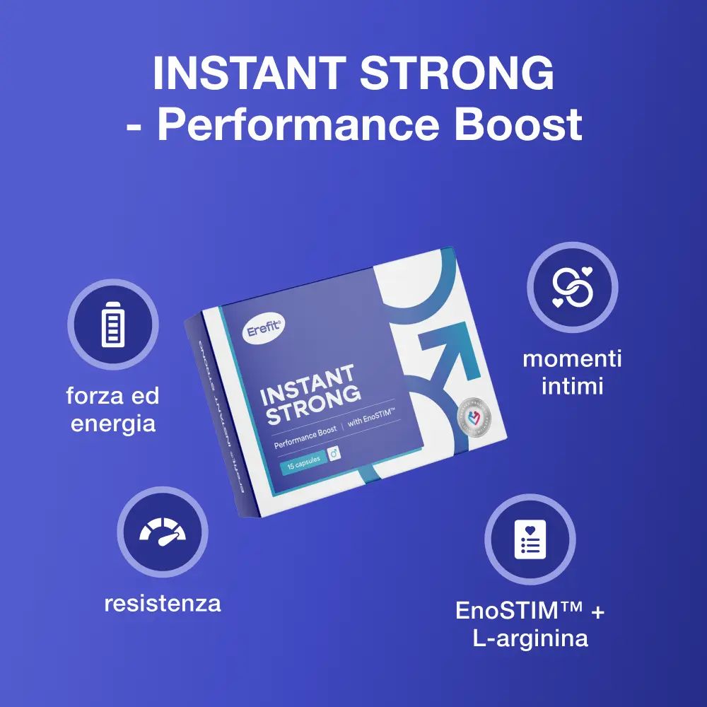 Confezione del prodotto con testo: INSTANT STRONG - Performance Boost. Simboli per energia, resistenza, momenti intimi.