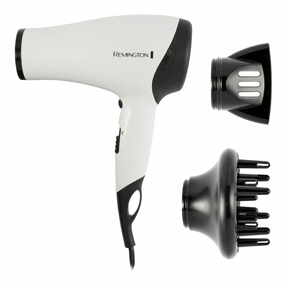 Asciugacapelli bianco Remington con due accessori. Bocca e manico neri. Pulsante on/off e due impostazioni.