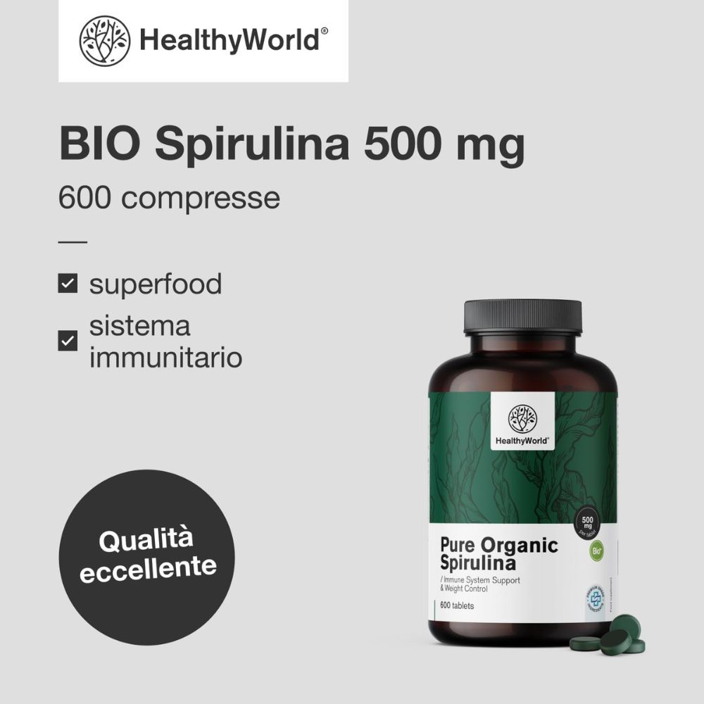 Flacone di spirulina e testo. Scritta: BIO Spirulina 500 mg, 600 compresse. Superfood, sistema immunitario. Qualità eccellente. Logo HealthyWorld.