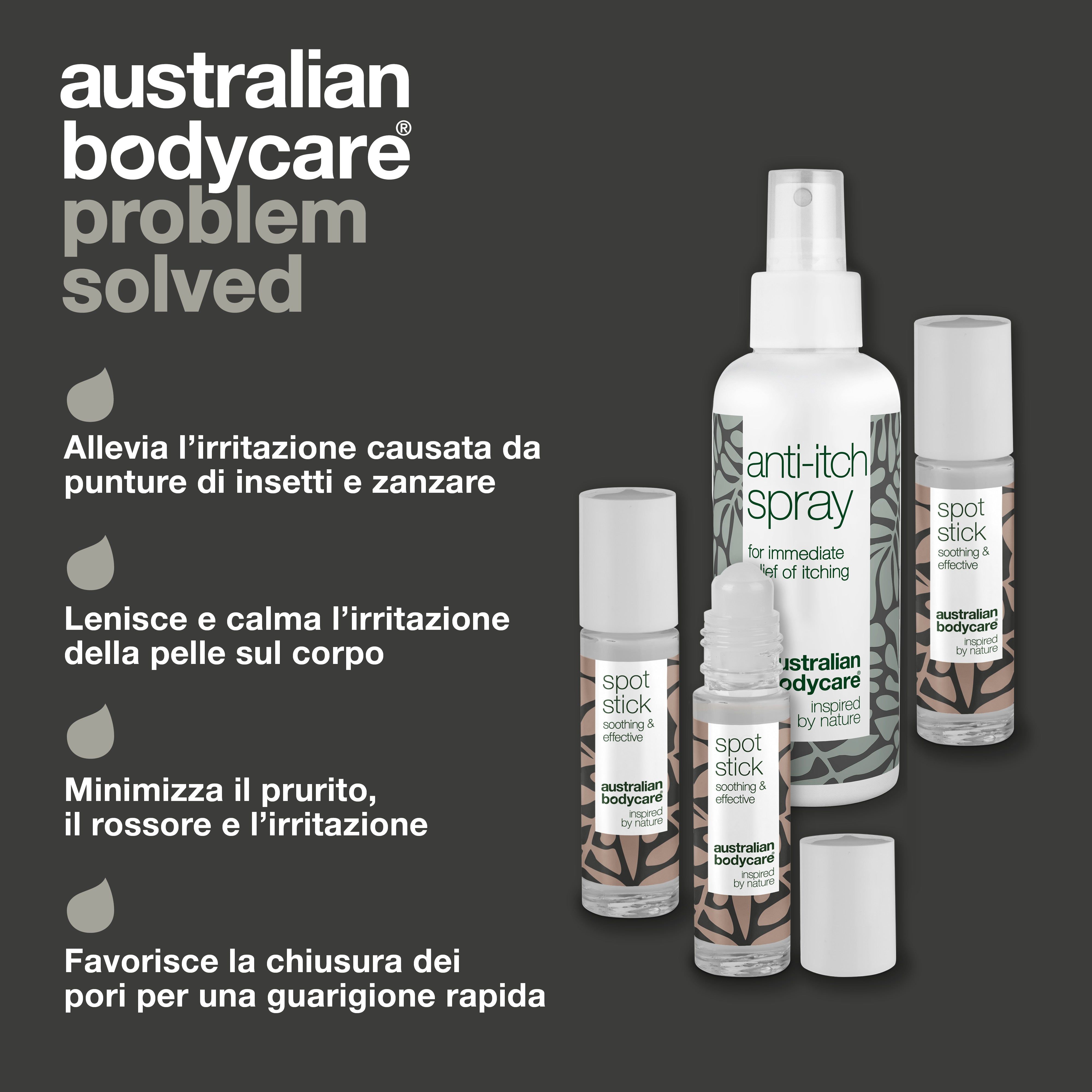 Grafica con problema e soluzione. Prodotti: spray anti-prurito e roll-on Spot Stick. Testo: Australian Bodycare.