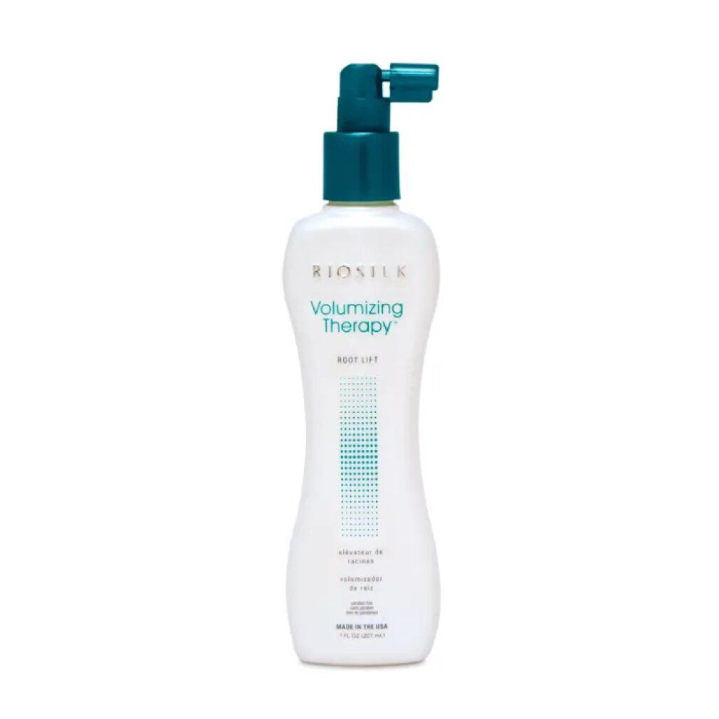 Flacone bianco con erogatore verde. Testo: Volumizing Therapy Root Lift. Marchio: Biosilk.