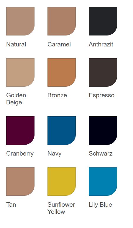 Palette di colori con riquadri colorati per calze compressive JOBST Opaque. Vari colori, tra cui beige, marrone, nero e blu.