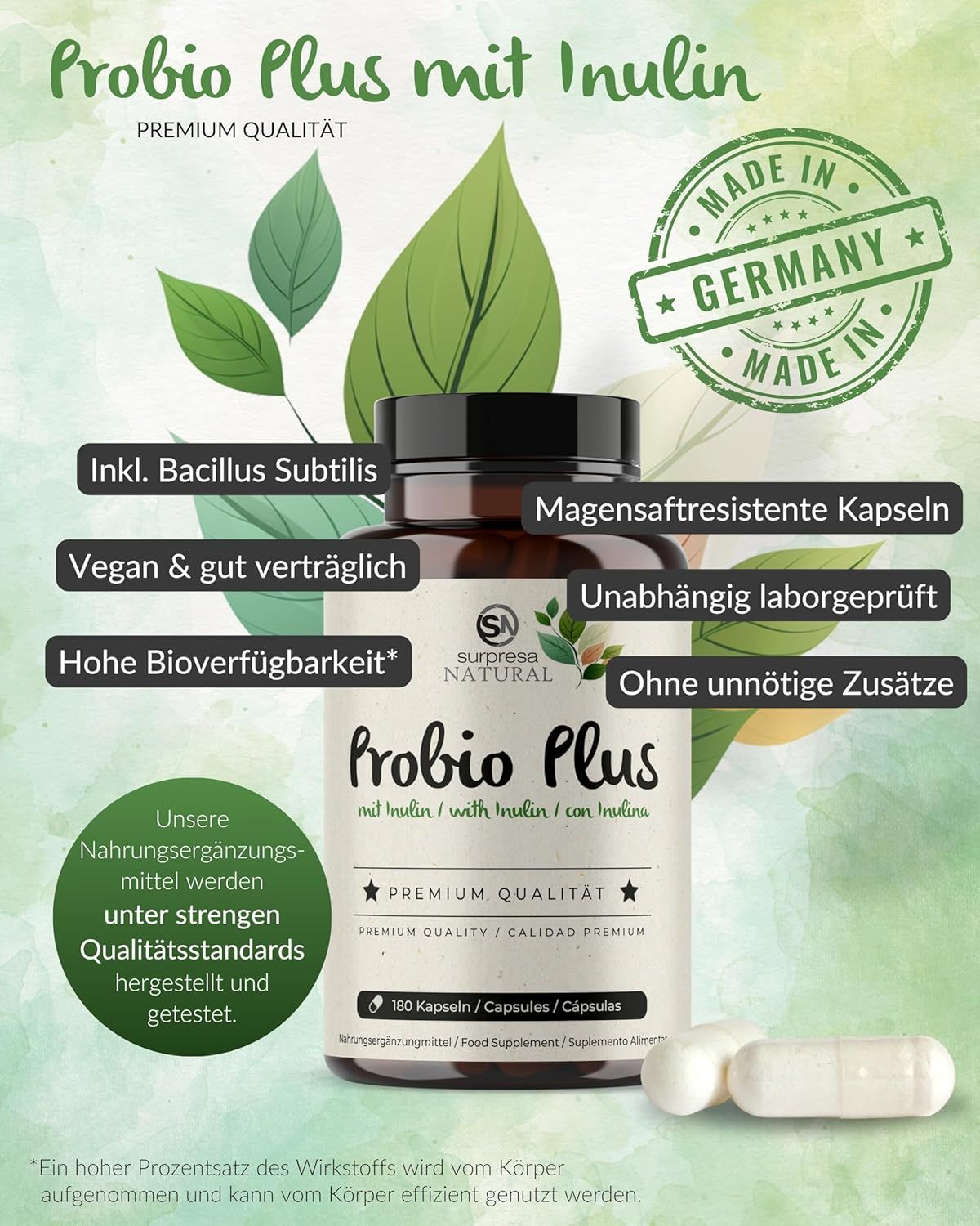 Flacone marrone con etichetta: Surpresa Natural Probio Plus, 180 capsule, con informazioni sul contenuto.