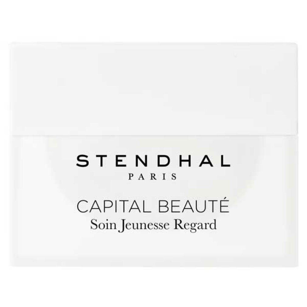 Vasetto bianco con coperchio. Scritta: STENDHAL PARIS, CAPITAL BEAUTÉ Soin Jeunesse Regard.