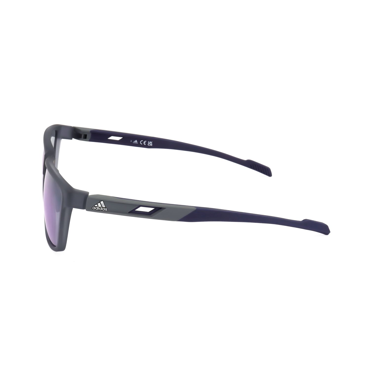 Occhiali da sole sportivi grigi con lenti a specchio viola e logo "ADIDAS".
