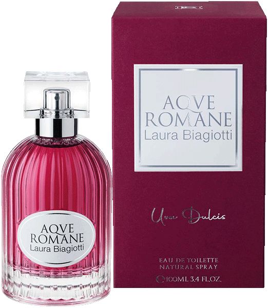 Flacone e scatola Laura Biagiotti AQVE ROMANE Uva Dulcis Eau de Toilette.