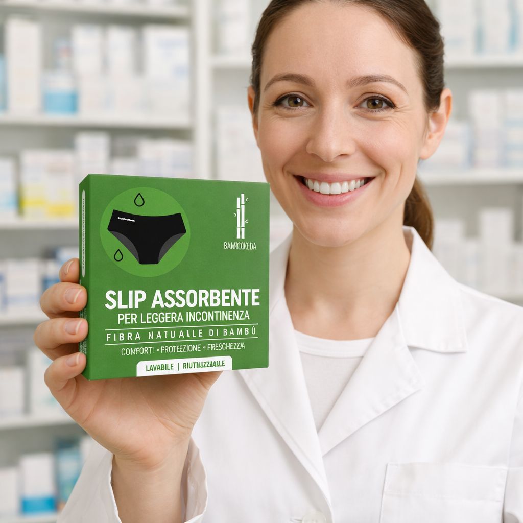 Una donna tiene in mano una confezione verde del prodotto "Slip Assorbente" per incontinenza leggera. Sulla confezione è raffigurata una mutandina nera.