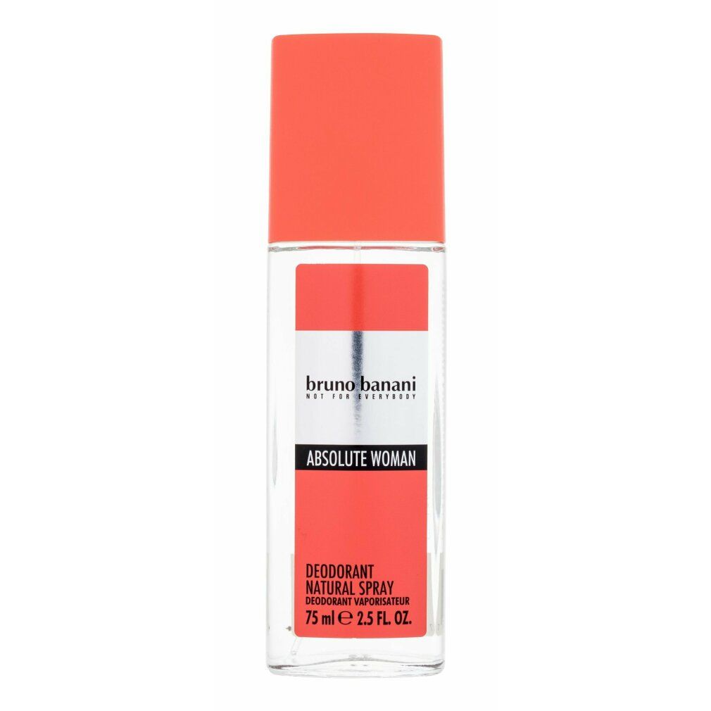 Spray deodorante, rosso e trasparente. Scritta "Bruno Banani" e "Absolute Woman". 75 ml.