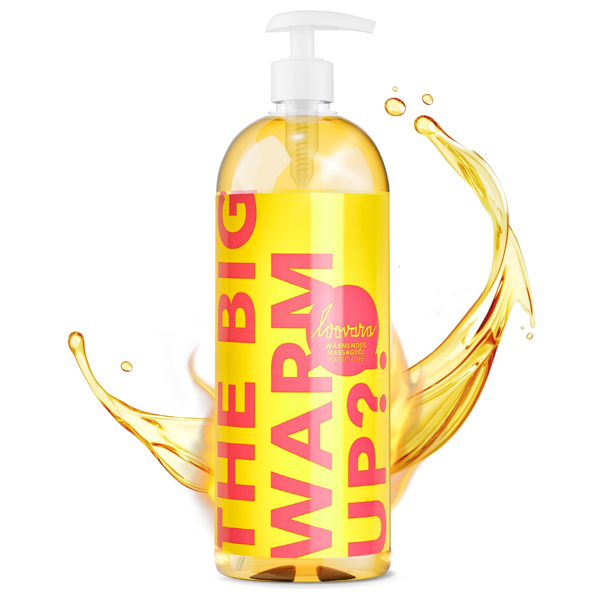 Flacone di olio da massaggio giallo con erogatore a pompa. Etichetta gialla con scritte rosa "THE BIG WARM UP?". Schizzi d'olio.