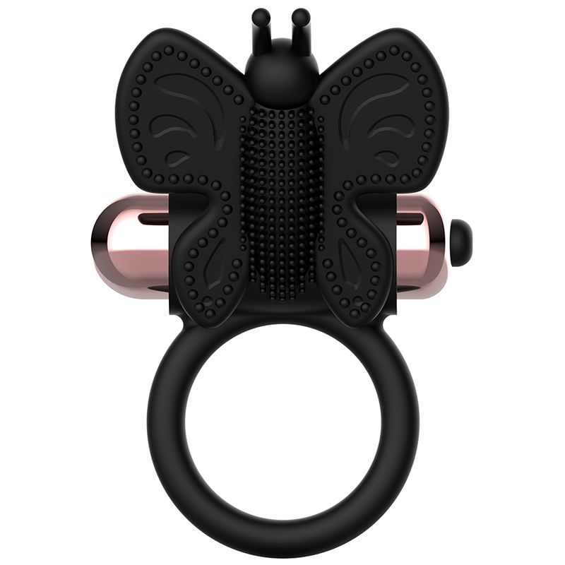 Anello vibrante nero, design a farfalla, elementi oro rosa.