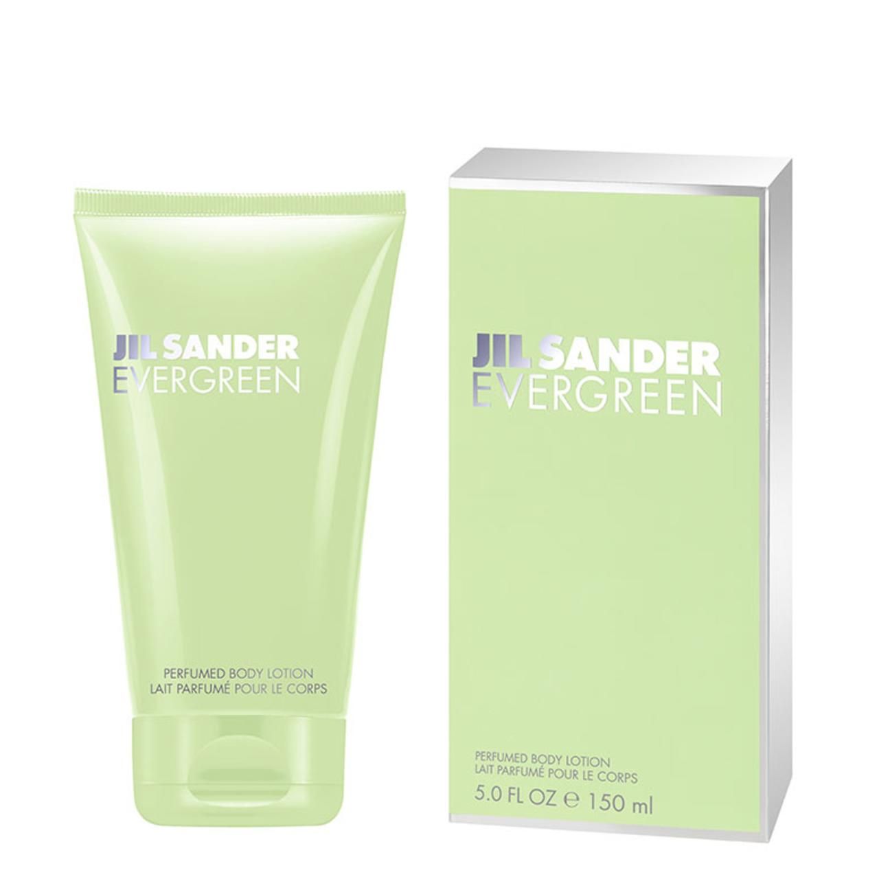 Tubo e scatola verdi. Scritta: Jil Sander Evergreen, Lozione corpo profumata. 150 ml.