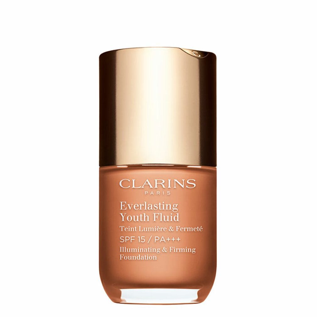 Clarins Everlasting Youth Fluid SPF 15. Flacone con tappo dorato. Scritta: SPF 15, Illuminating & Firming Foundation.