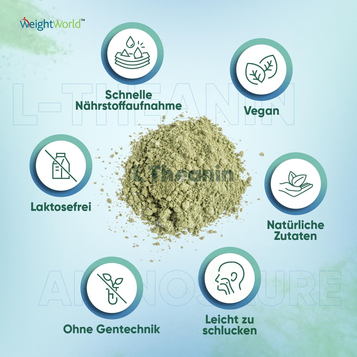 Mucchio di polvere di L-teanina. Testo: Rapido assorbimento dei nutrienti, Vegano, Senza lattosio, Senza OGM, ecc.