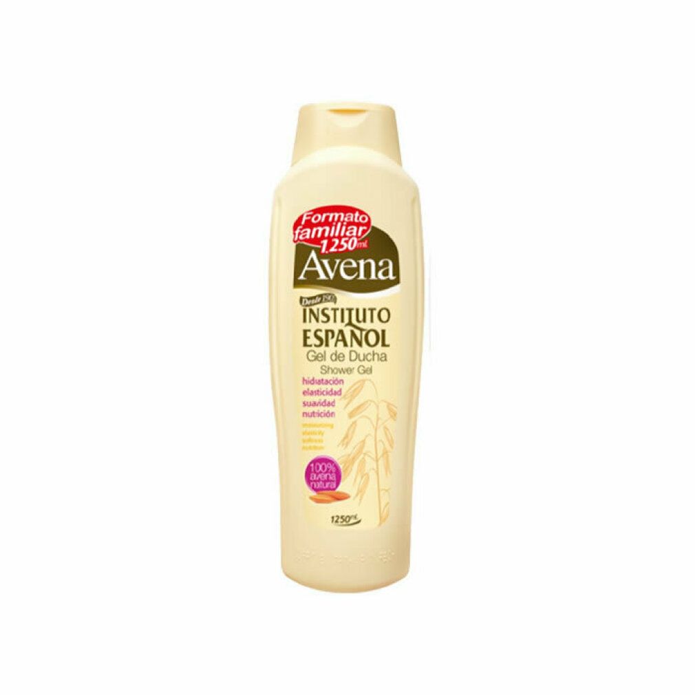 Flacone beige con etichetta "Instituto Español Avena Gel doccia". Contiene 1250ml. Illustrazione di avena.