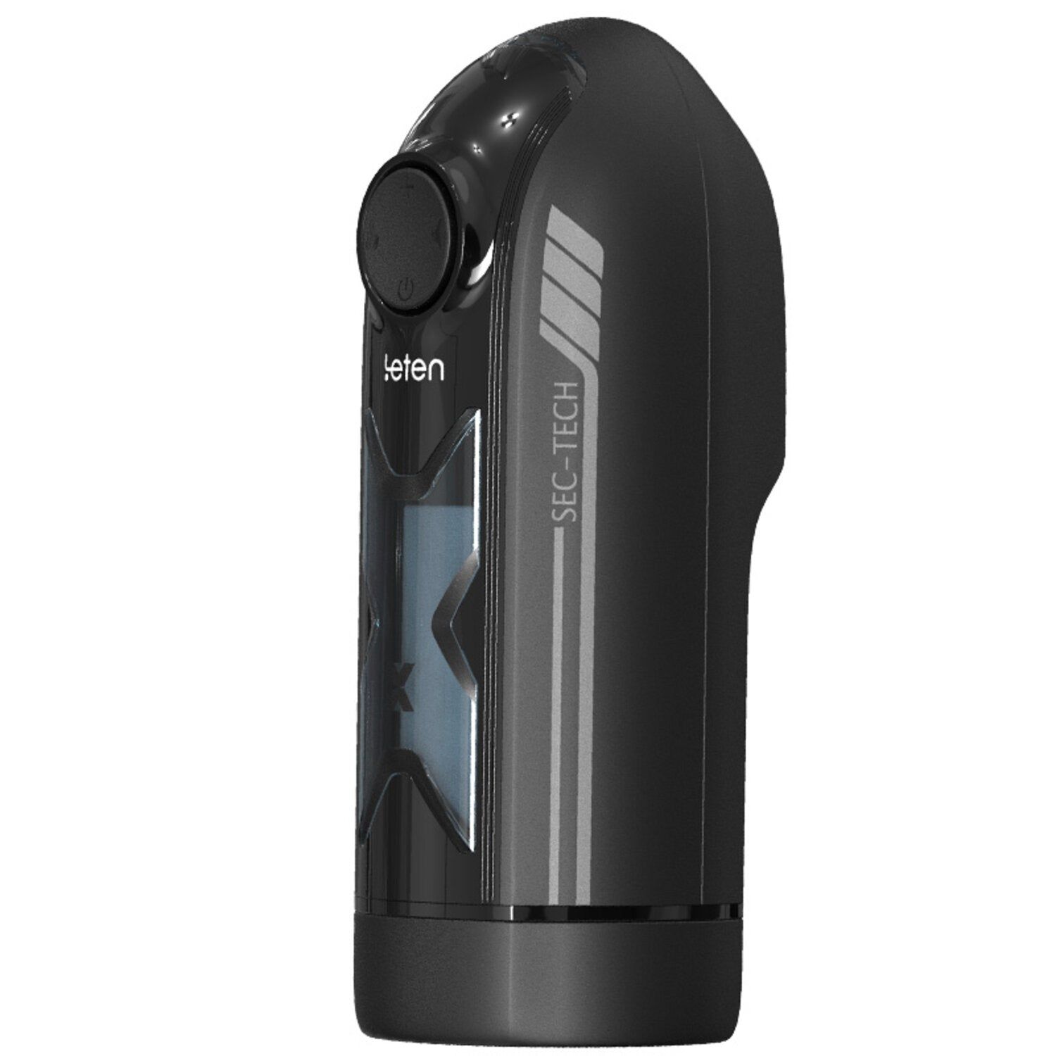 Dispositivo nero con pannello di controllo e logo. Strisce verticali e testo SEC-TECH. Vista laterale.
