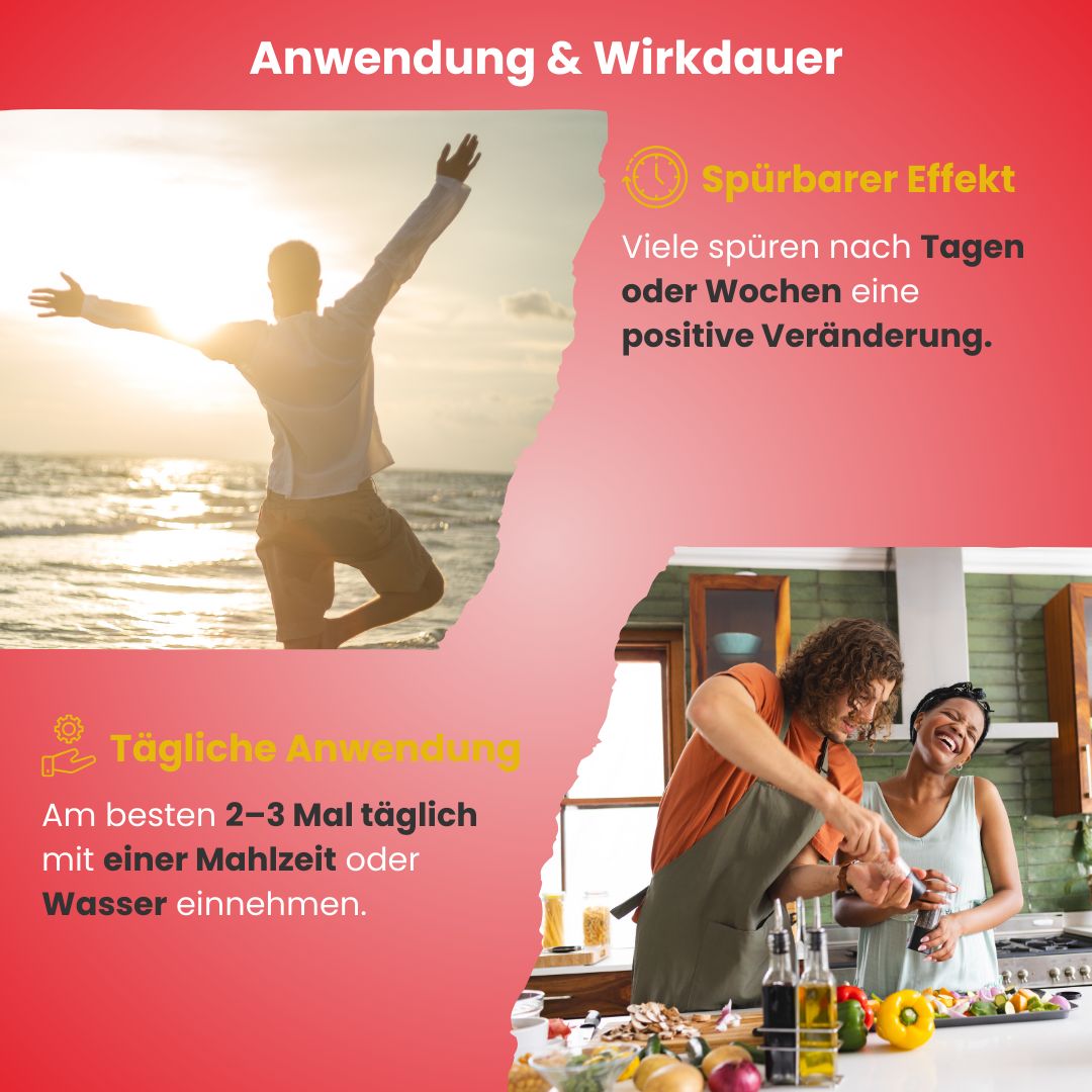 Due foto: uomo sulla spiaggia, braccia aperte. Coppia che cucina. Testo: Uso quotidiano, 2-3 volte al giorno con pasto o acqua.