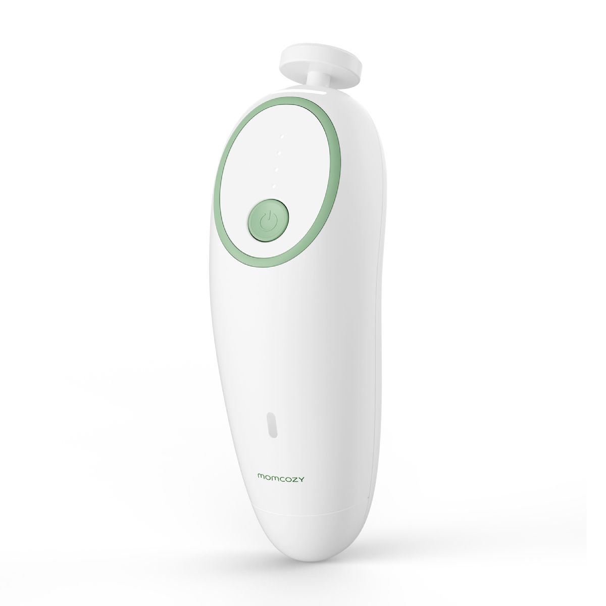 Dispositivo ovale bianco con pulsante e dettagli verdi. Attacco superiore. Logo Momcozy in basso.