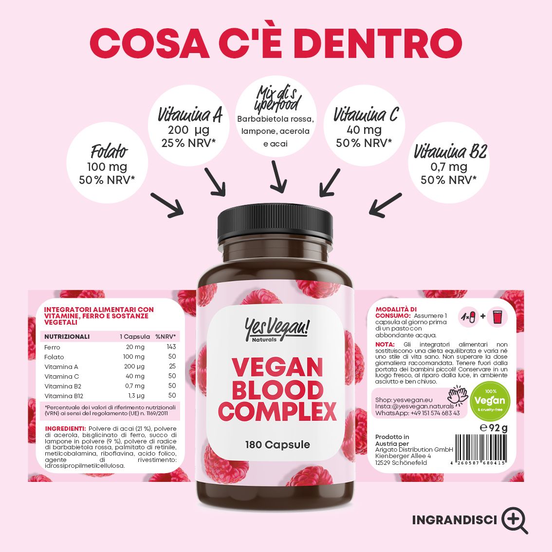 Flacone con motivo di lamponi, circondato da cerchi che mostrano facilità d'uso e proprietà vegane (Italiano).