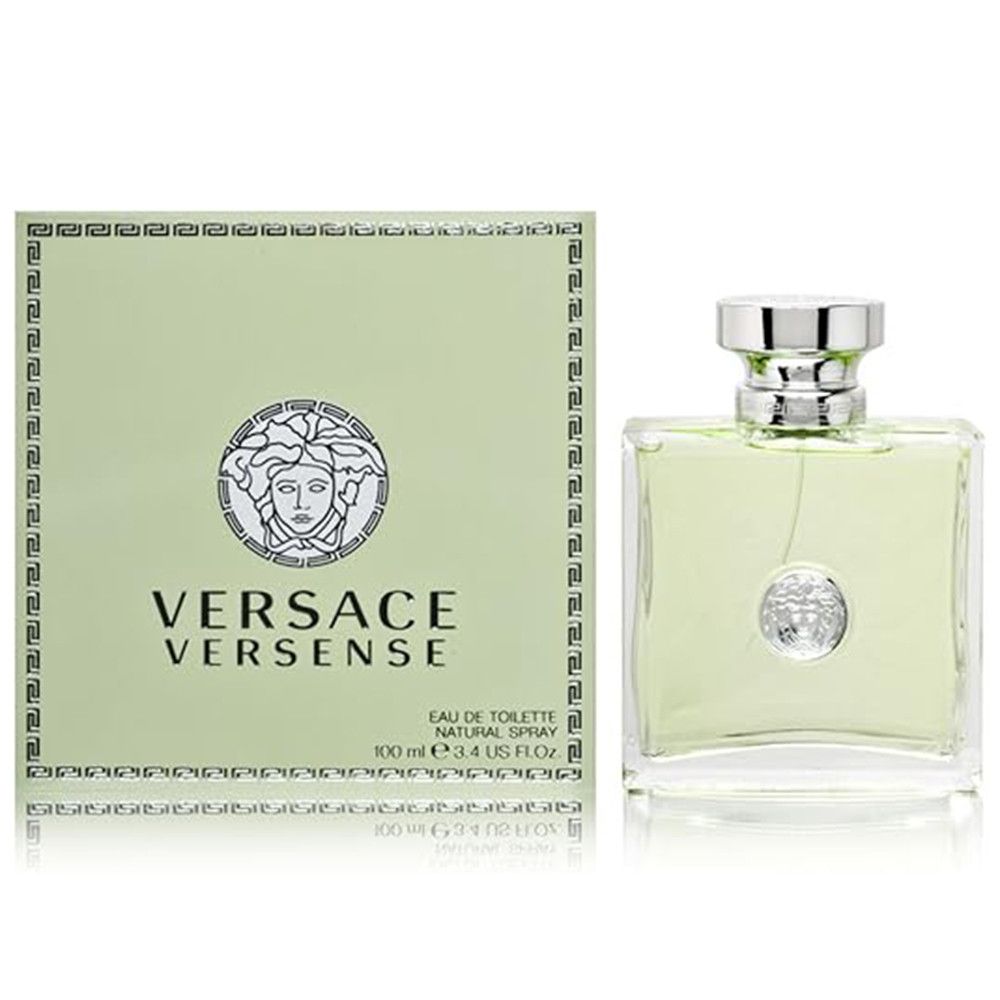Versace Versense Eau de Toilette Spray. Flacone e scatola. Liquido verde chiaro in flacone quadrato di vetro. Tappo argentato. Scatola verde chiaro.