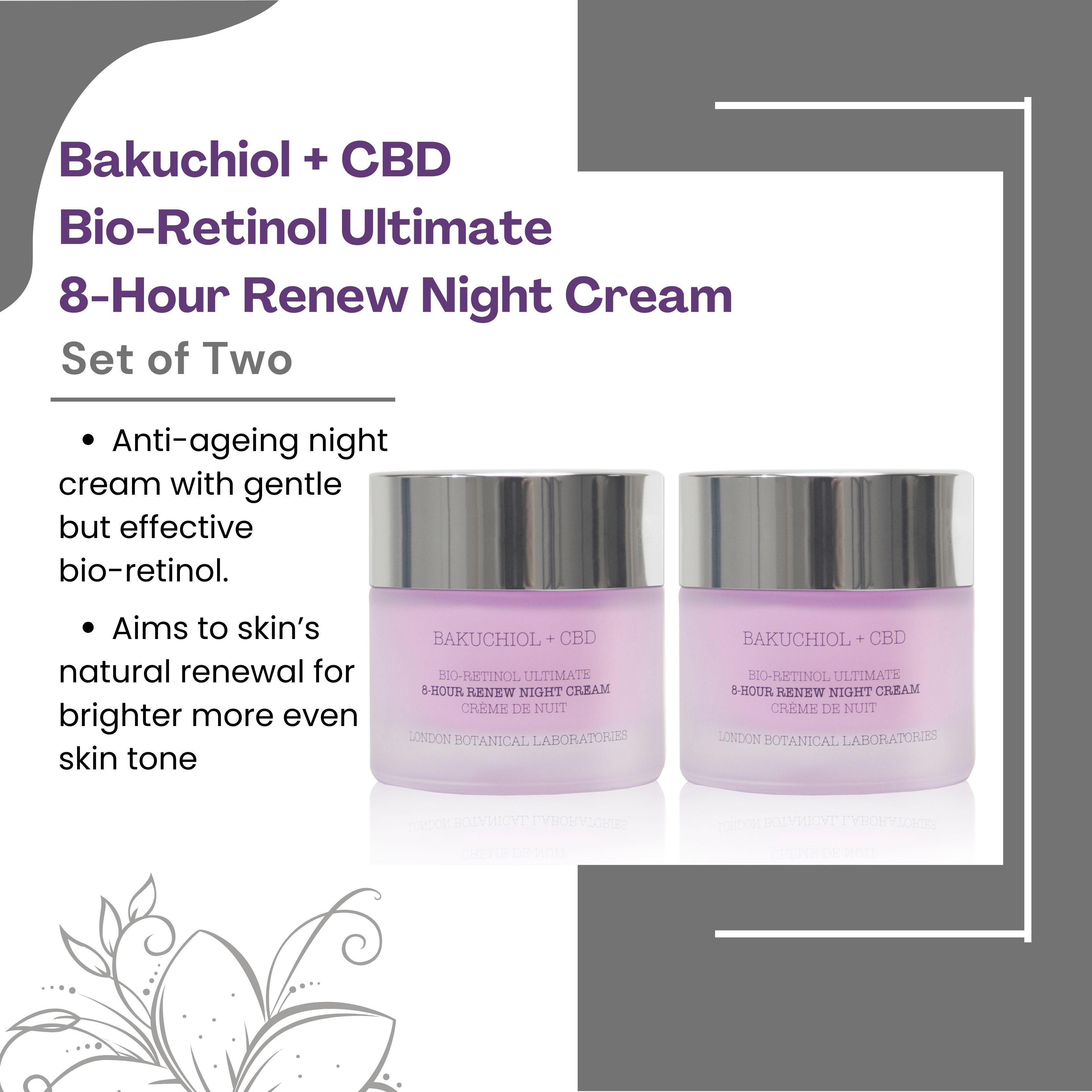 Due vasetti di crema notte con coperchi argentati. Testo: Bakuchiol + CBD Bio-Retinol Ultimate 8-Hour Renew Night Cream. Set of Two.
