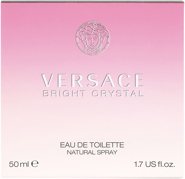 Confezione rosa dello spray Eau de Toilette Versace Bright Crystal. Testo: Versace, Bright Crystal, Eau de Toilette, Natural Spray.