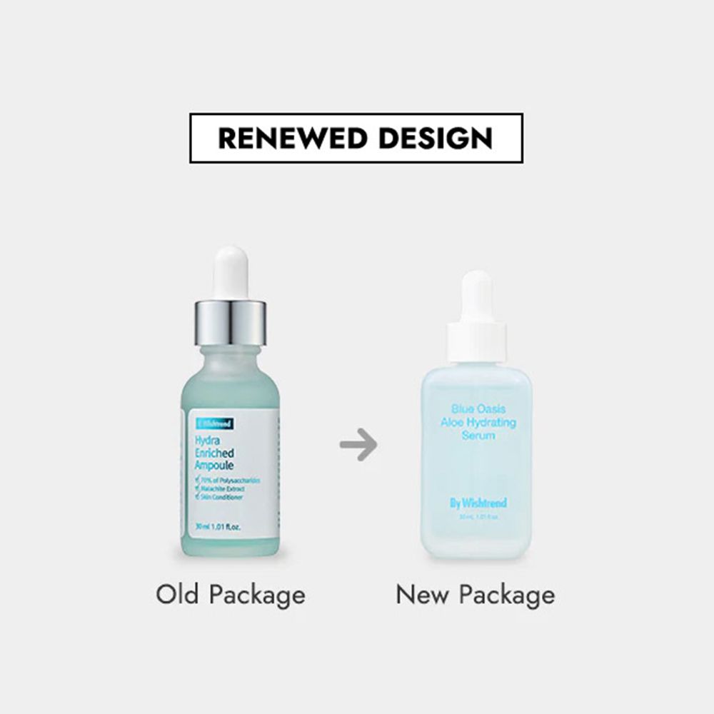 Confronto: vecchio e nuovo flacone di siero. Scritta: Hydra Enriched Ampoule e Blue Oasis Aloe Hydrating Serum.