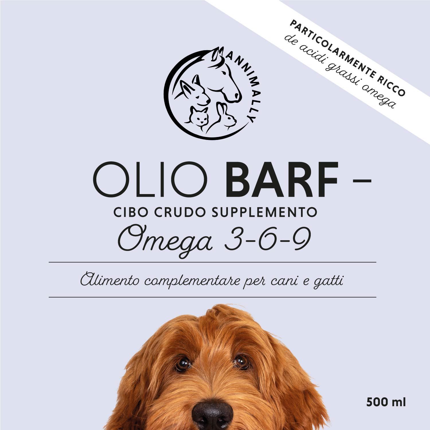 Etichetta del prodotto BARF-Öl Omega 3-6-9. 500 ml. Logo con cane, gatto e coniglio.