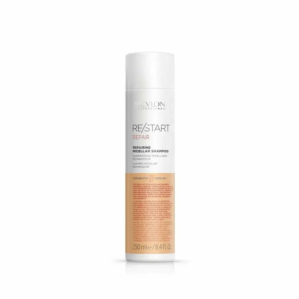 Flacone bianco di Revlon Re-Start Repair Micellar Shampoo. Testi e loghi visibili.