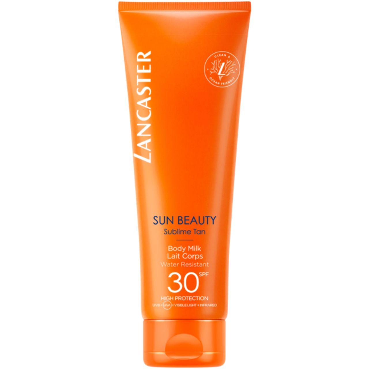Tubo arancione con scritta bianca Lancaster, Sun Beauty, Sublime Tan, Latte Corpo, SPF 30. Sigillo vegano.