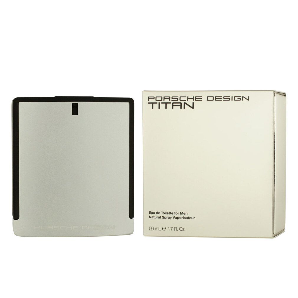 Flacone e confezione argentati. Tappo nero. Scritta: PORSCHE DESIGN TITAN. Testo: Eau de Toilette per Uomo.
