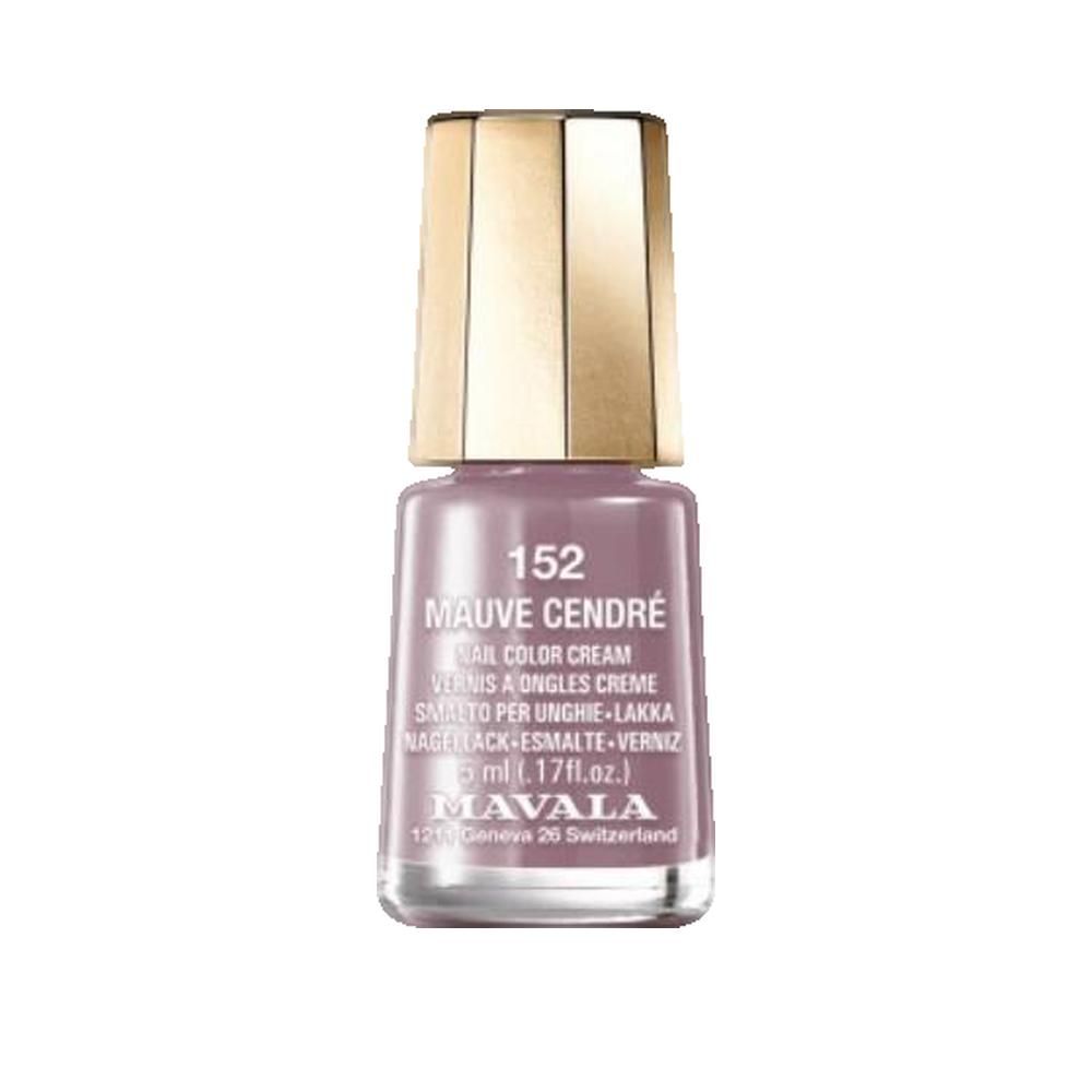 Flacone di smalto color malva. Scritta: 152 MAUVE CENDRE, Nail Color Cream, 5 ml, MAVALA.