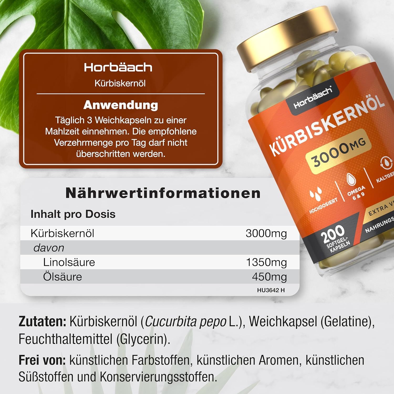 Flacone di capsule di olio di semi di zucca Horbaach. Informazioni e tabella nutrizionale. Elenco ingredienti.