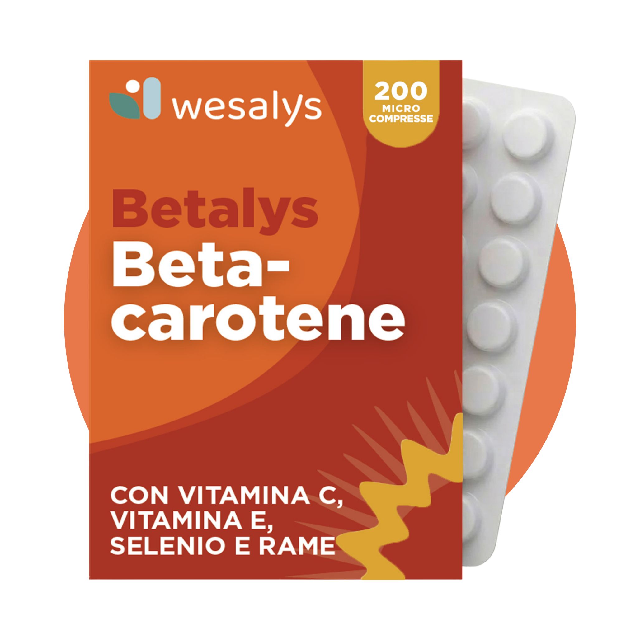 Confezione di Betalys con Betacarotene e blister di compresse. Contiene vitamina C, E, selenio e rame. 200 compresse.