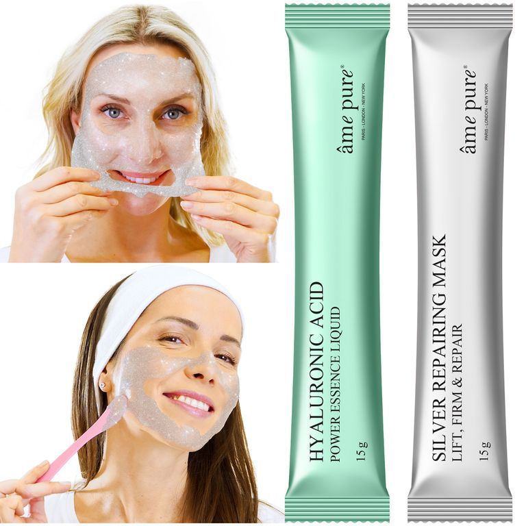 Due donne con maschere per il viso. Verde e argento. Testo: âme pure, Hyaluronic Acid, Silver Repairing Mask. Spatola.