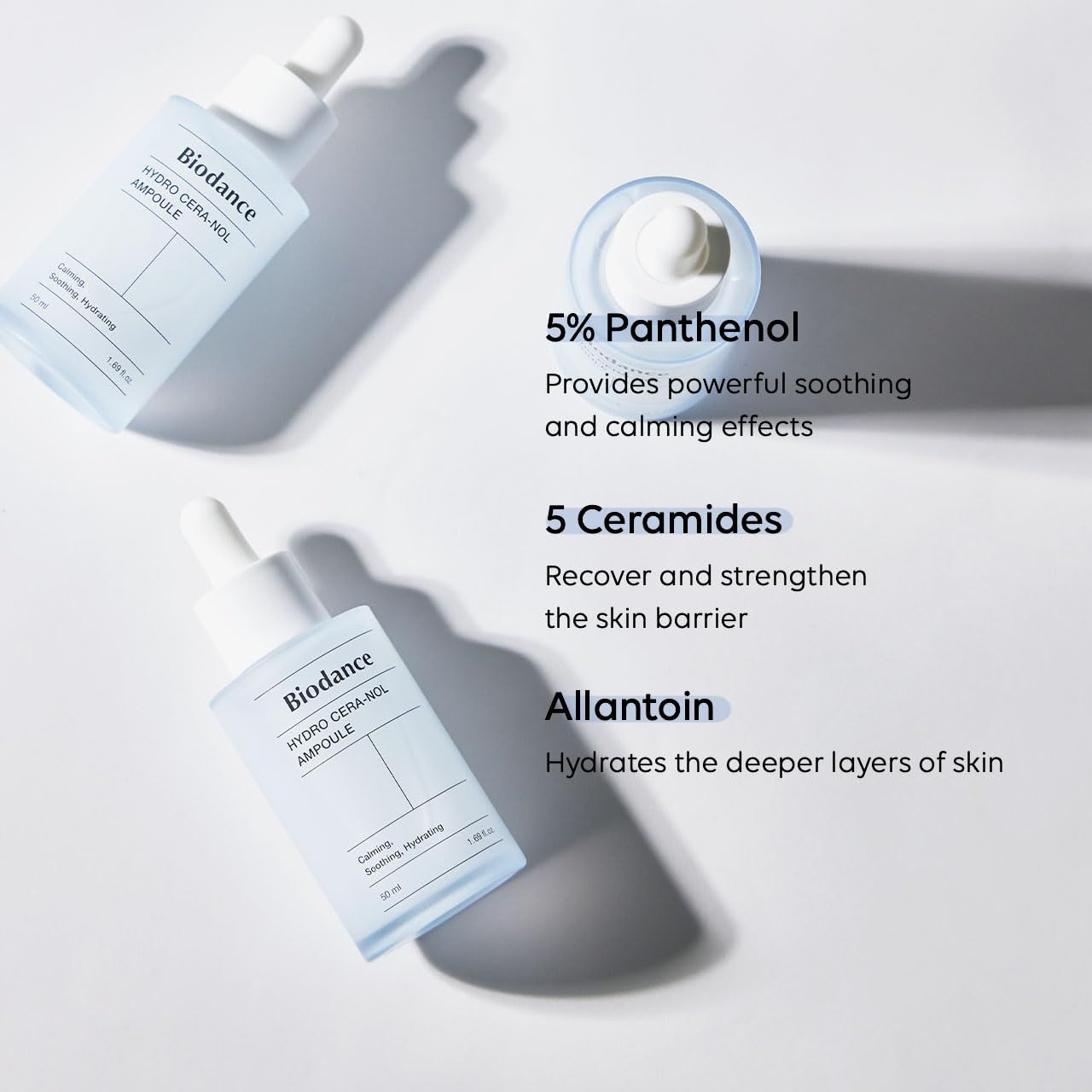 Due Ampoule Biodance Hydro Cera-Nol e i loro ingredienti: Pantenolo, Ceramidi, Allantoina.
