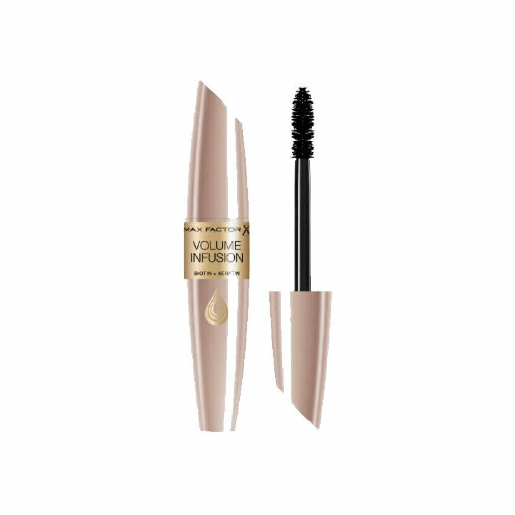 Mascara Max Factor Volume Infusion Nero. Tubo e spazzola. Scritta: Volume Infusion, Biotin + Keratin. Spazzola con setole nere.