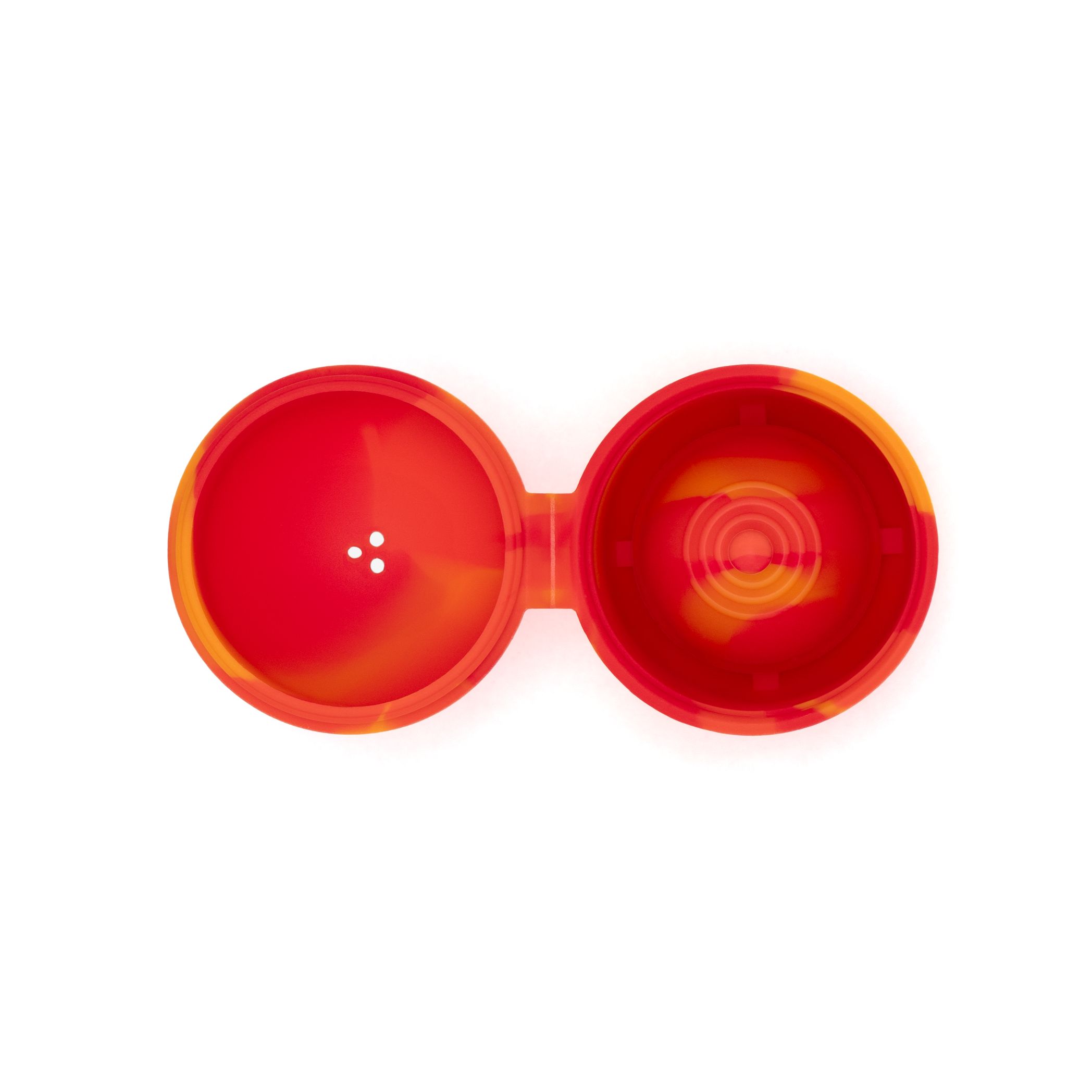 Vista dall'alto di un contenitore di pulizia rosso-arancio aperto. Due camere rotonde, materiale siliconico.