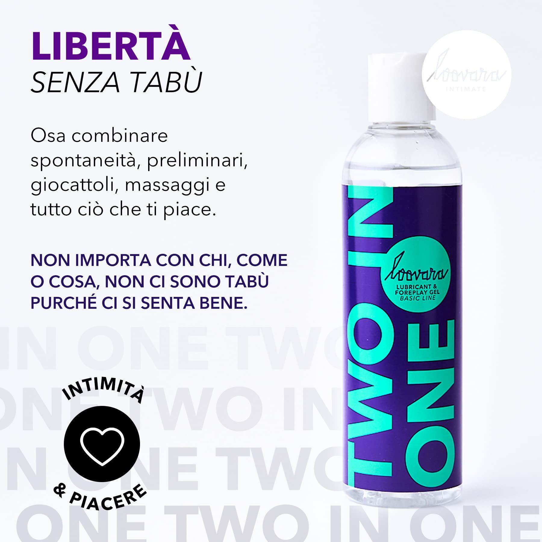 Flacone di lubrificante e olio da massaggio Loovara 2-in-1. Etichetta viola con scritta turchese.